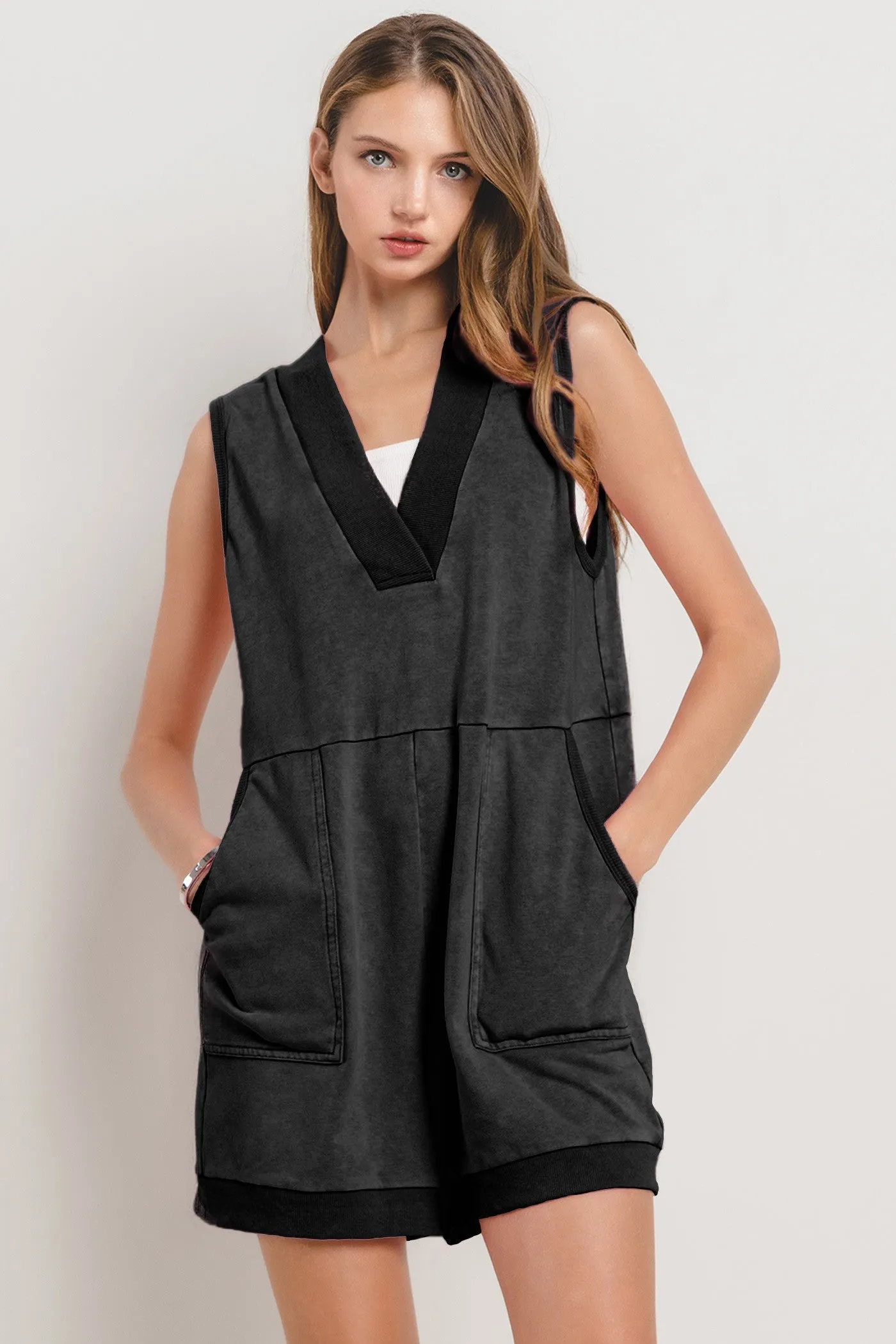 Black Mineral Washed French Terry Romper