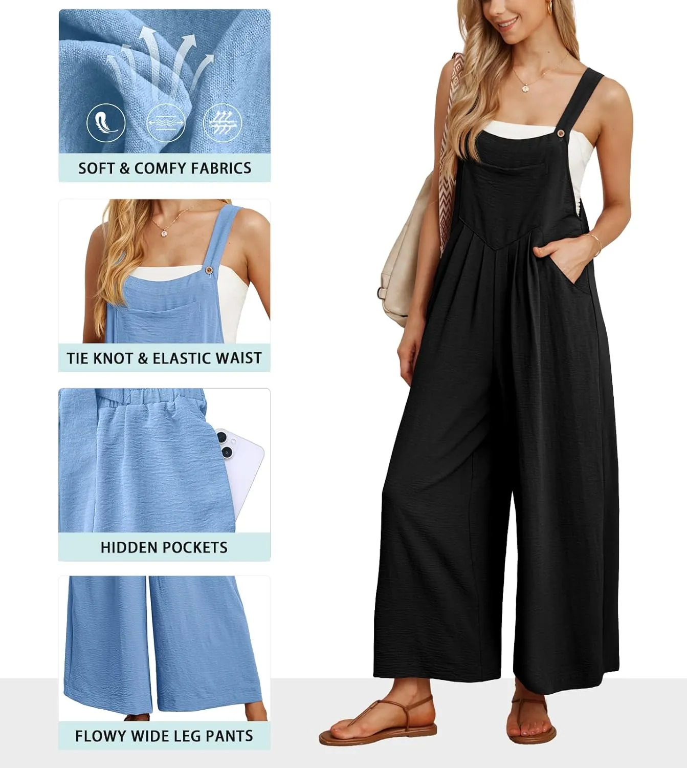 IWOLLENCE Women's Summer Jumpsuits Boho Wide Leg Overalls Casual Loose Rompers with Pockets 2025