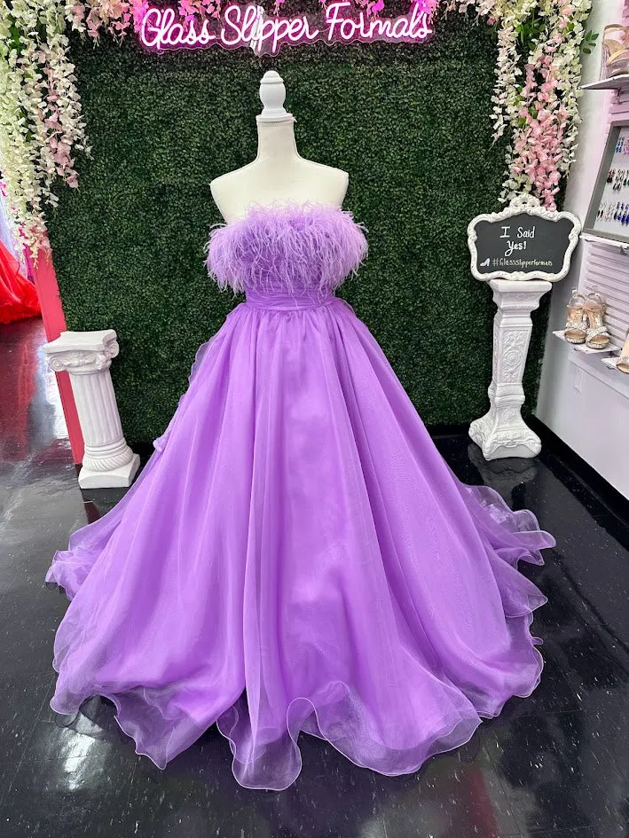 Johnathan Kayne 2739 Size 4 LILAC strapless feather neckline evening dress long organza A line gown