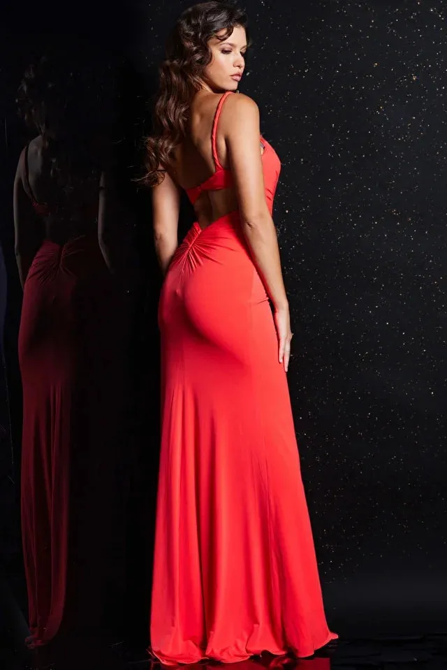 Jovani 38309 Long Prom Dress Fitted One Shoulder Ruched Bodice High Slit Dress Formal Pageant Gown