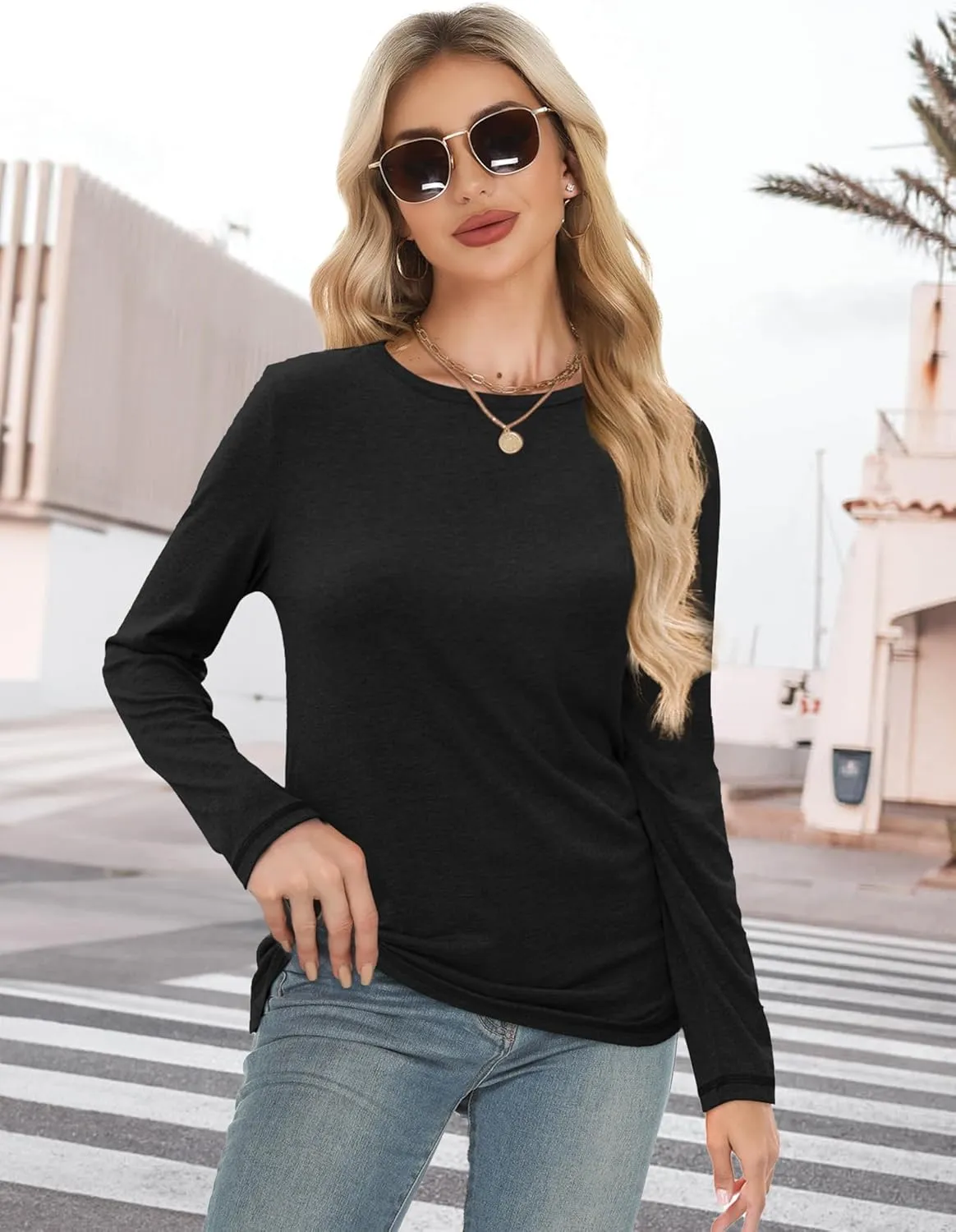 Long Sleeve Shirts for Women Crew Neck Basic Tee Fashion Womens Tops