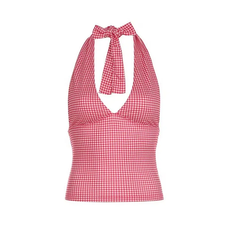 Plaid/Heart Printed Halter Neck Tank Top