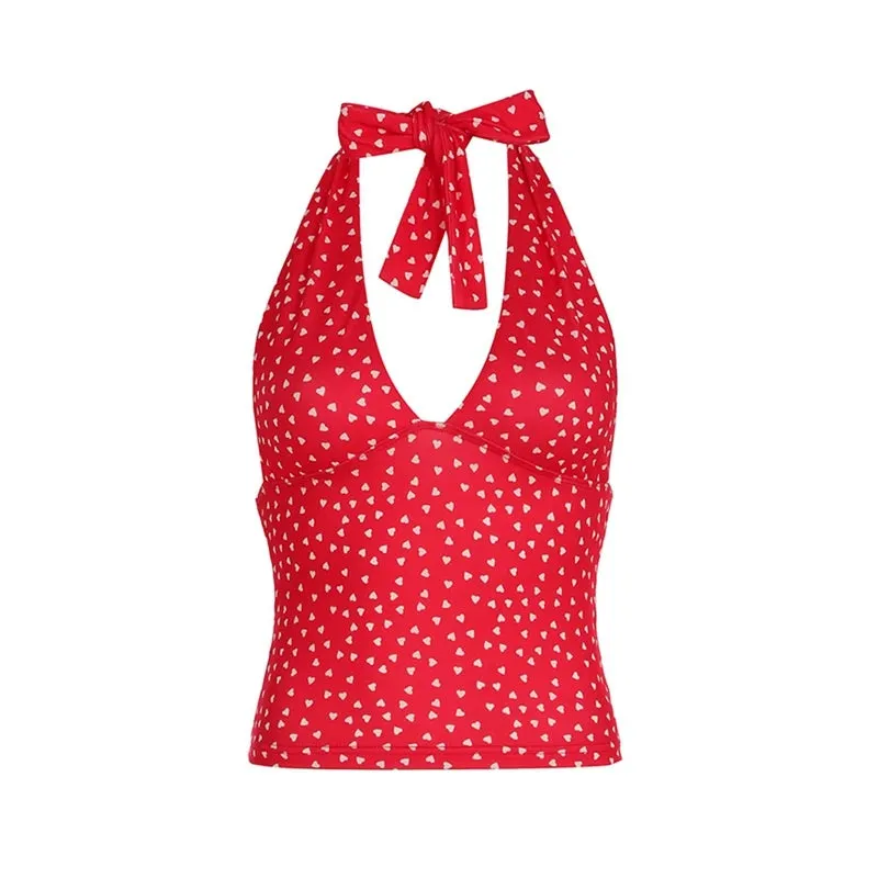 Plaid/Heart Printed Halter Neck Tank Top