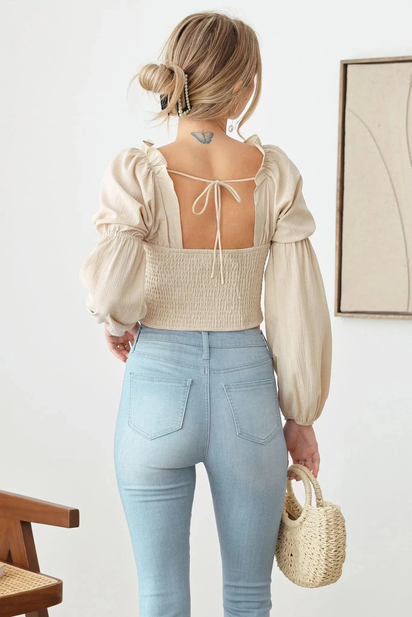 Ruched Double Puff Sleeve Crop Top