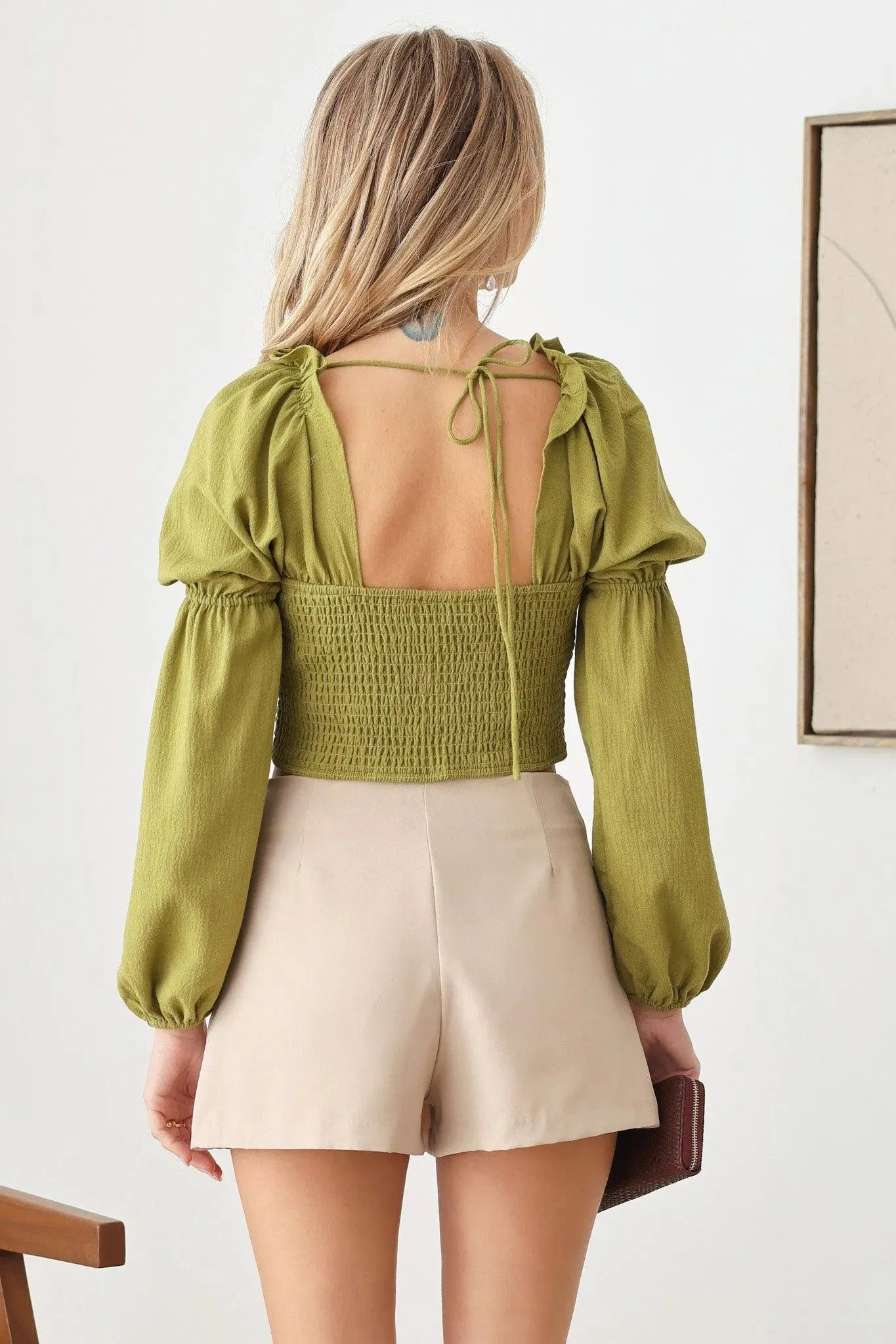 Ruched Double Puff Sleeve Crop Top
