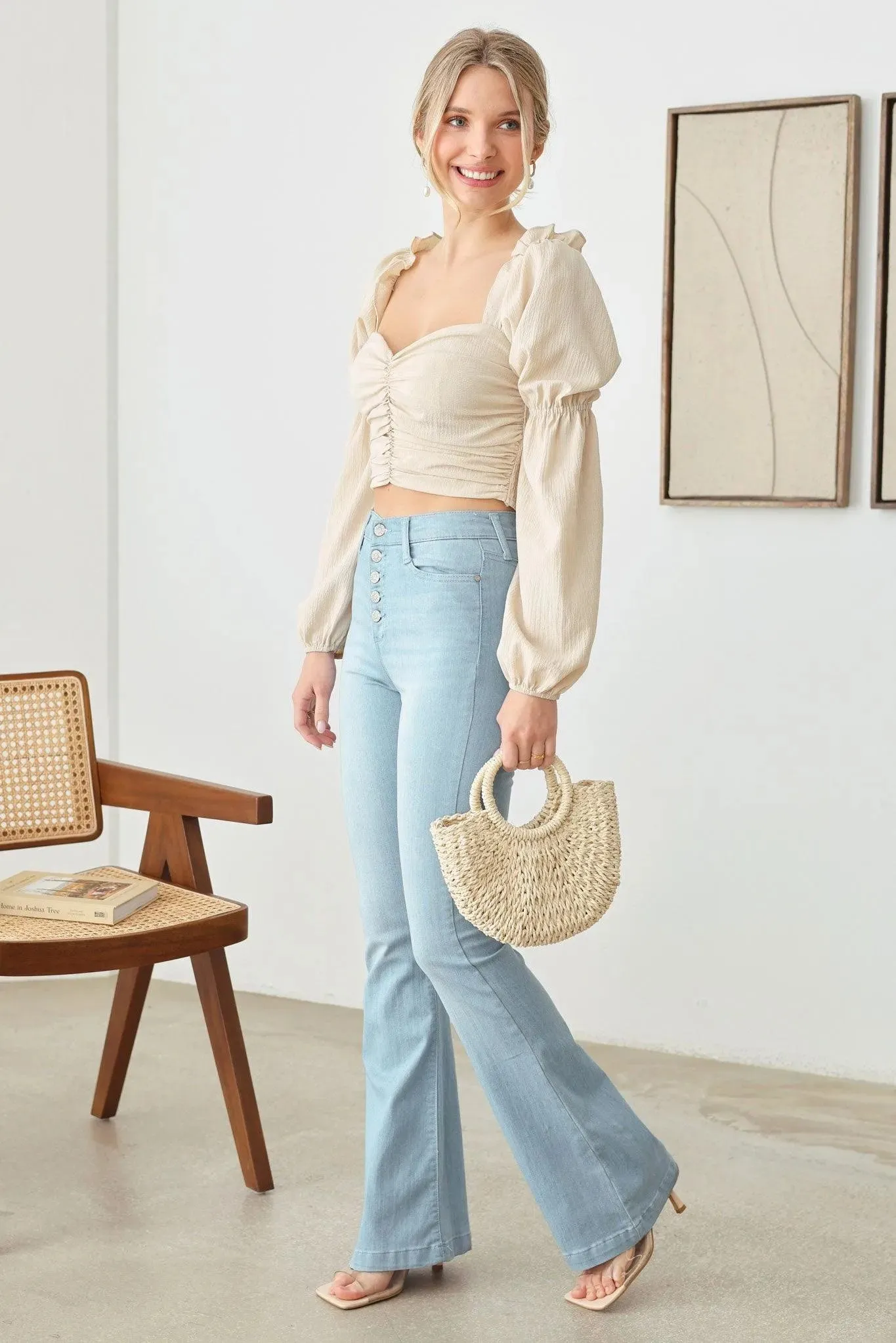 Ruched Double Puff Sleeve Crop Top