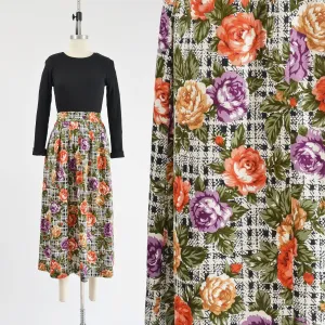 Vintage 80s Plaid Floral Black and White Cottagecore Full Pleated Midi Skirt size M L